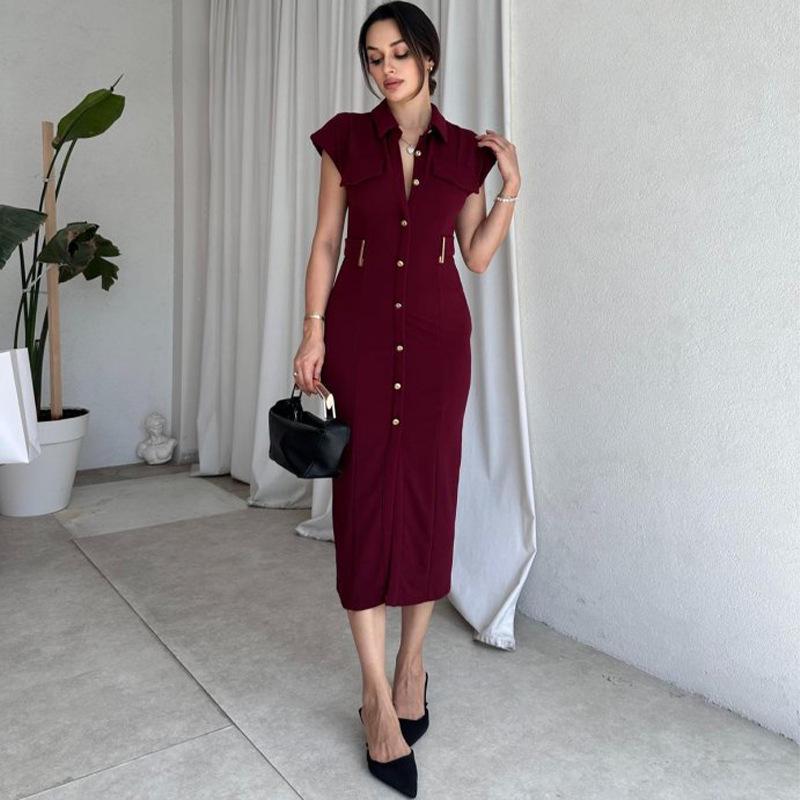 

2025 Autumn Women s Solid Sleeveless V-neck Button Bodycon Dress Small темно-красного