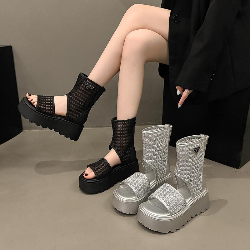Hollow square head wedge heel thick sole summer heightening fashion word with breathable short boots comfortable thick heel Roman sandals women