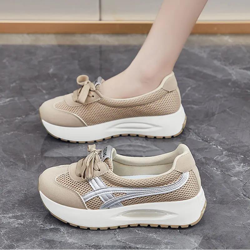 Fashion 2024 Autumn New Mesh Casual Women's Flat Shoes Fashion Round Head Wedge Light and Smooth Women's Vulcanized Shoes