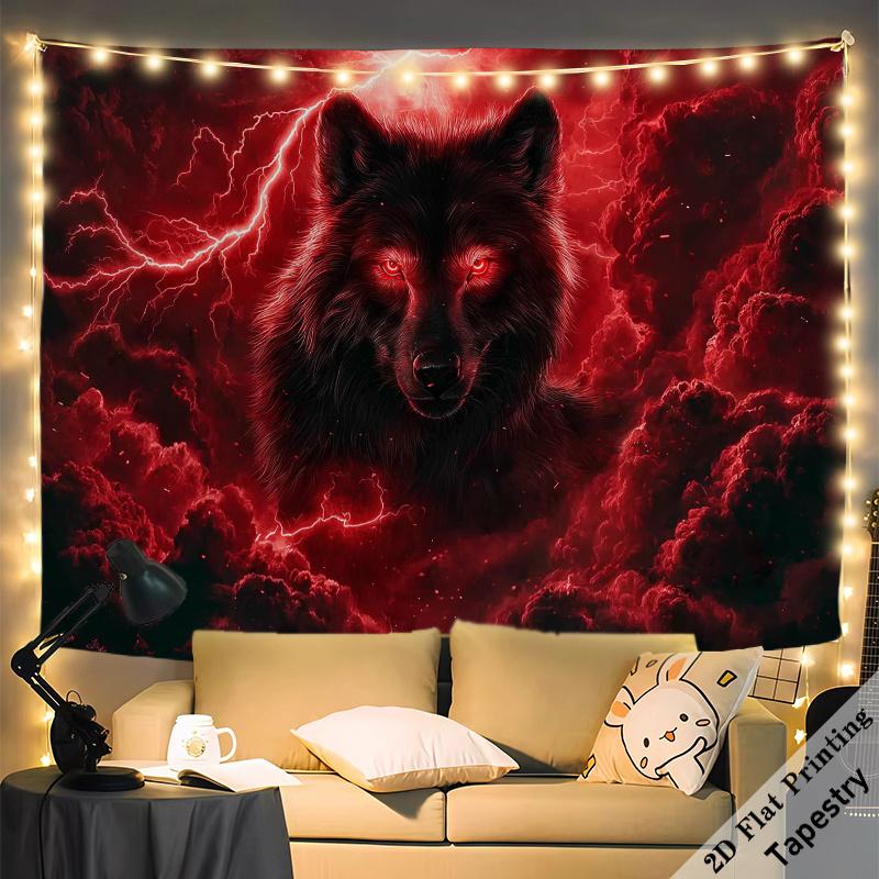 Dramatic Red Wolf Lightning Tapestry Wall Art Decor Bohemian Forest Creature Poster Room Hanging 180x280cm