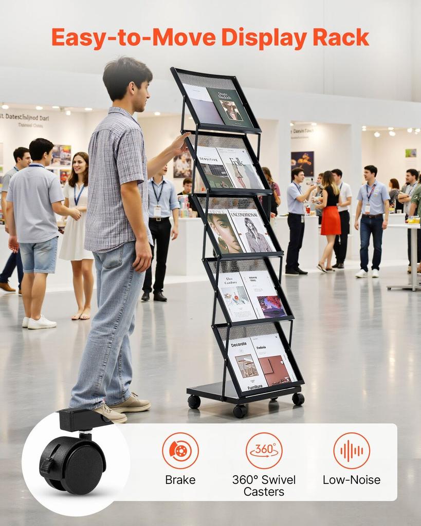 Brochure Display Rack, Foldable 5 Pockets Magazine Literature Display Stand, Movable Floor Standing Magazine Rack with Wheels, Metal Newspaper Catalog