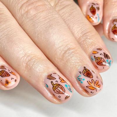 24pcs Press On Nails Polished Pinecone Maple Leaf Short Square Nails Removable Fake Nails Finished Wearable Nails Holiday Manicure