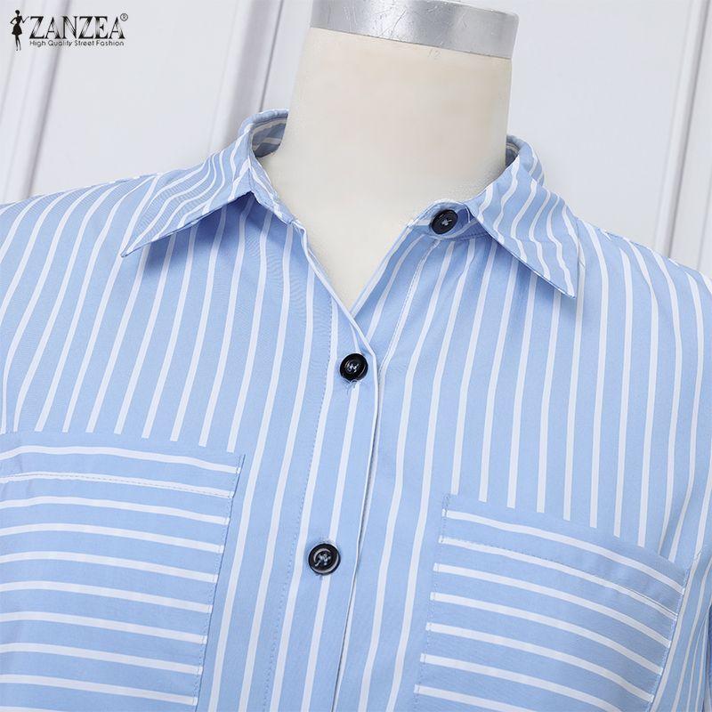 ZANZEA Women Casual Adjustable Long Sleeve Loose Lapel Collar Stripe Shirt Dress