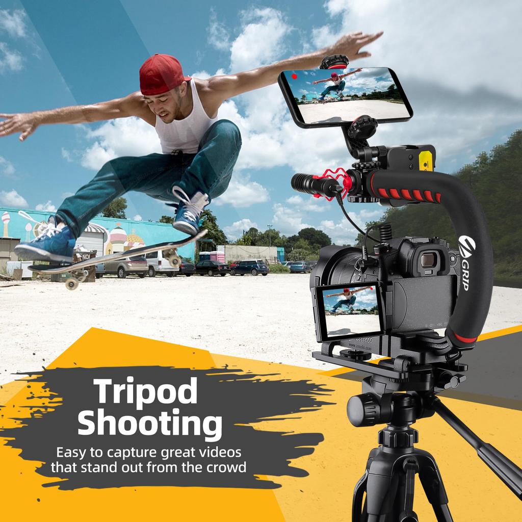 Zeadio Camera Stabilizer Kit, All-in-One Handheld Stabilizer with LED Video Light, Microphone, Smartphone Holder, and Action Camera Adapter - Compatib