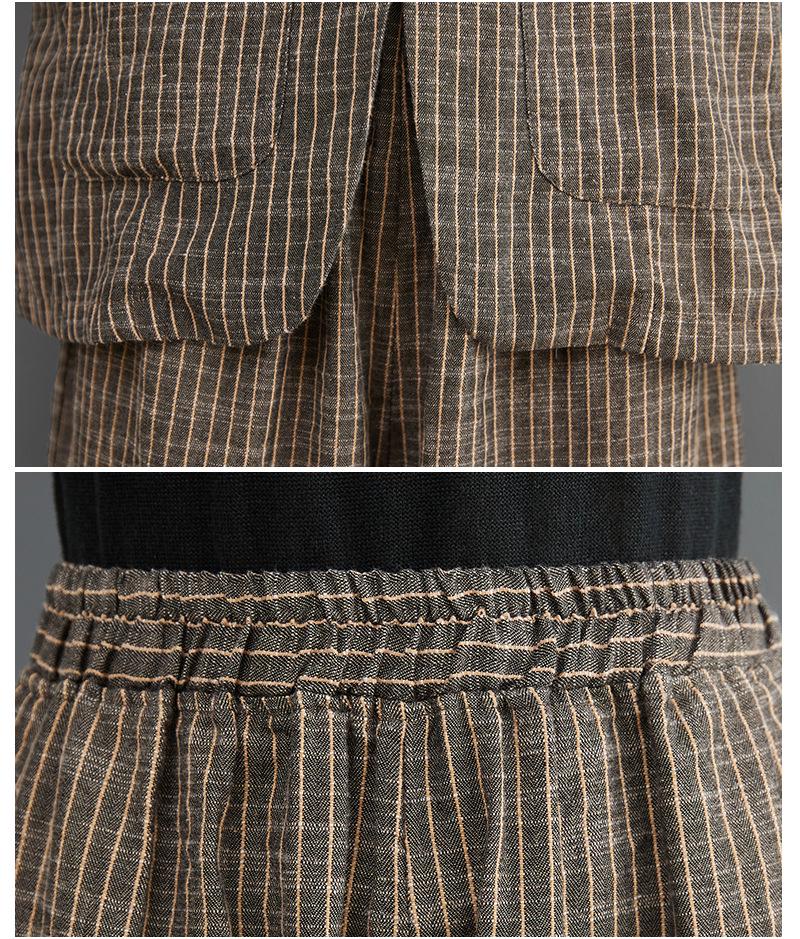 Damen 2024 Herbst Retro Baumwolle Leinen Gestreifter Blazer & Weitbeinige Hose Set