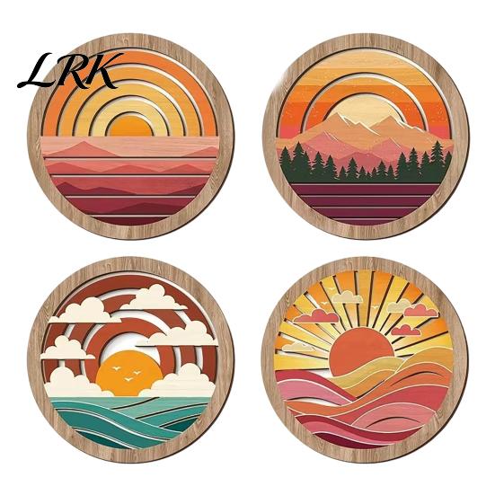 Moderne Heimdekoration für Café 4 Stück Boho Sonnenuntergang Wandkunst, Abstrakte Landschaft Runde Hängende Ornamente, Dekorative Holzscheiben Wohnzimmer Schlafzimmer Flur Sets beige