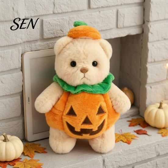 Halloween Pumpkin Bear Plush Toy, Soft Stuffed Animal for Kids, Theme Room Decor Cute Huggable Pillow Fall Holiday Home Plushie Toy Party