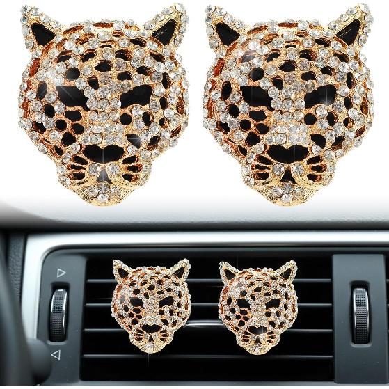 2 Pcs Bling Leopard Air Vent Clips Rhinestone Car Vent Clips Cheetah Print Car Accessories Diamond Bling Accessories for Women(Silver)