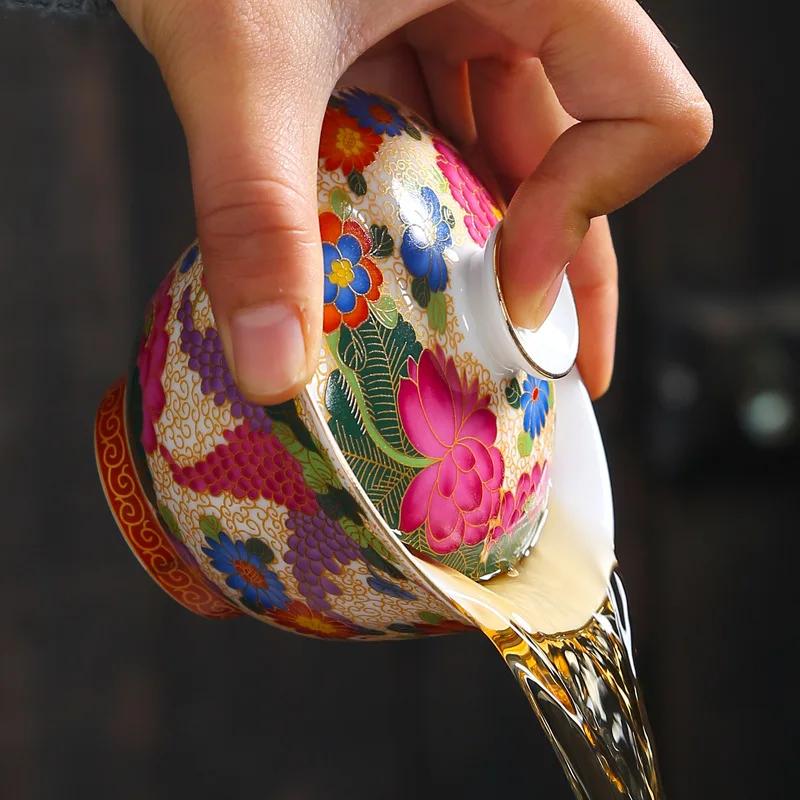 Color Enamel Gaiwan White Porcelain Cover Bowl Golden Kung Fu Tea Set Handpainted Peony Flower Tureen Travel Teaware