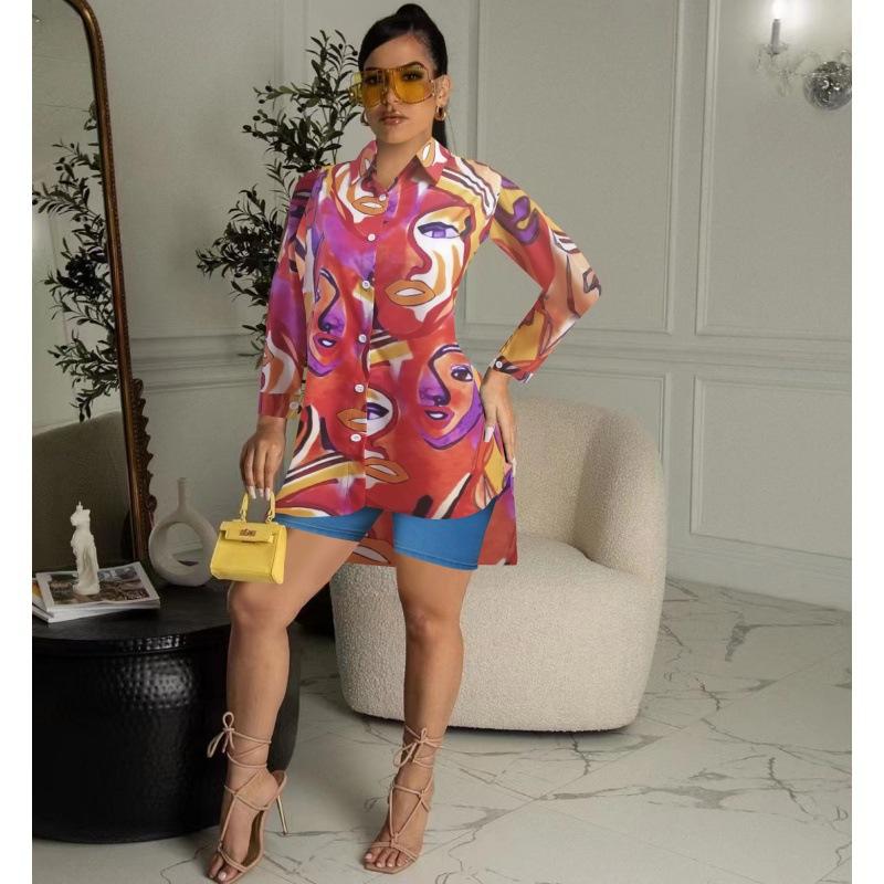 European Style Fashion Print Blouse Loose Fit Casual Women Clothing 2XL