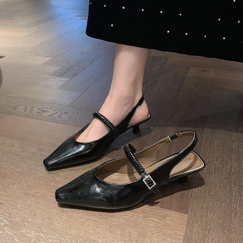 2025 Summer Sexy Pointed Toe Women's High Heels Trendy Sling-Heel PU Sandals Fashionable Pleated Shallow Mouth Office Slippers