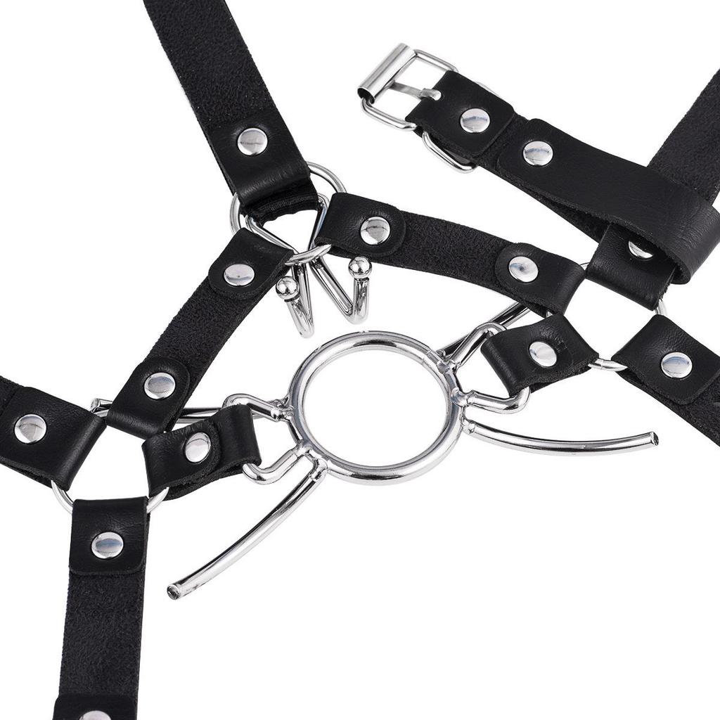 Unisex Simulated Harness Mouth Gag with Metal Nose Hook, Spider Fork & Ball Gag