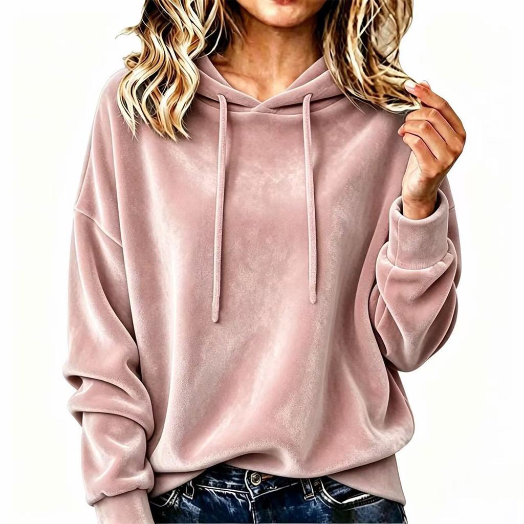 Women's Velvet Hoodie - Color Loose Fit Long Sleeve Top for Casual Wear