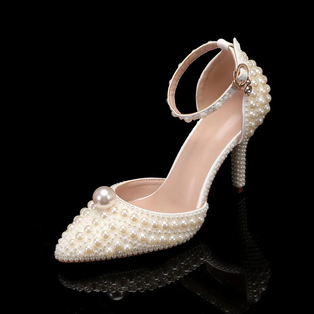 

2024 Новые 9-сантиметровые каблуки с острым носком, белые жемчужные свадебные банкетные туфли на высоком каблуке, роскошные женские босоножки на высоком каблуке 43 бежевый