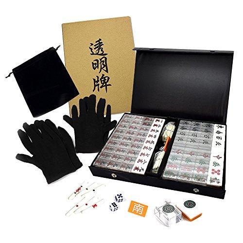JUST style [Transparent Mahjong Tiles Mahjong Set] (Blindfold Bag + Black Gloves for 4 Players) Mahjong Set of 4, 3 of which are transparent tiles