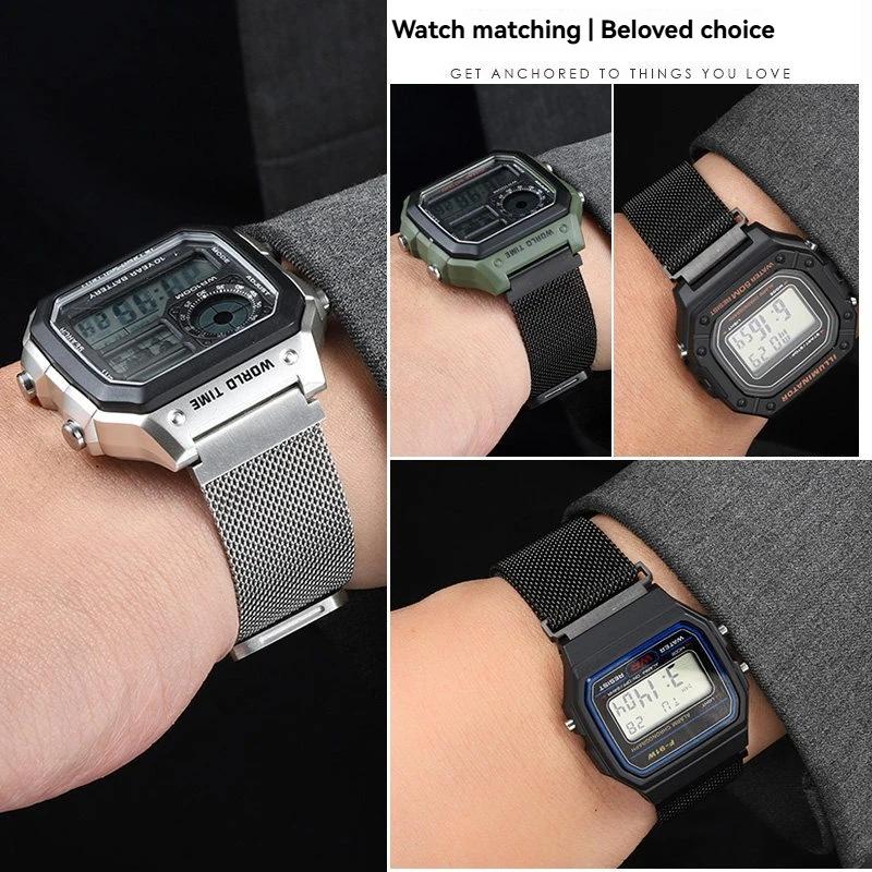 Für Casio Kleines Quadrat AE1200 AE1300 A158 A168 F91W W218 F108 AQ-S810W Konvexes Magnetischer Stahl Armband Uhrenarmband 18mm+Werkzeug