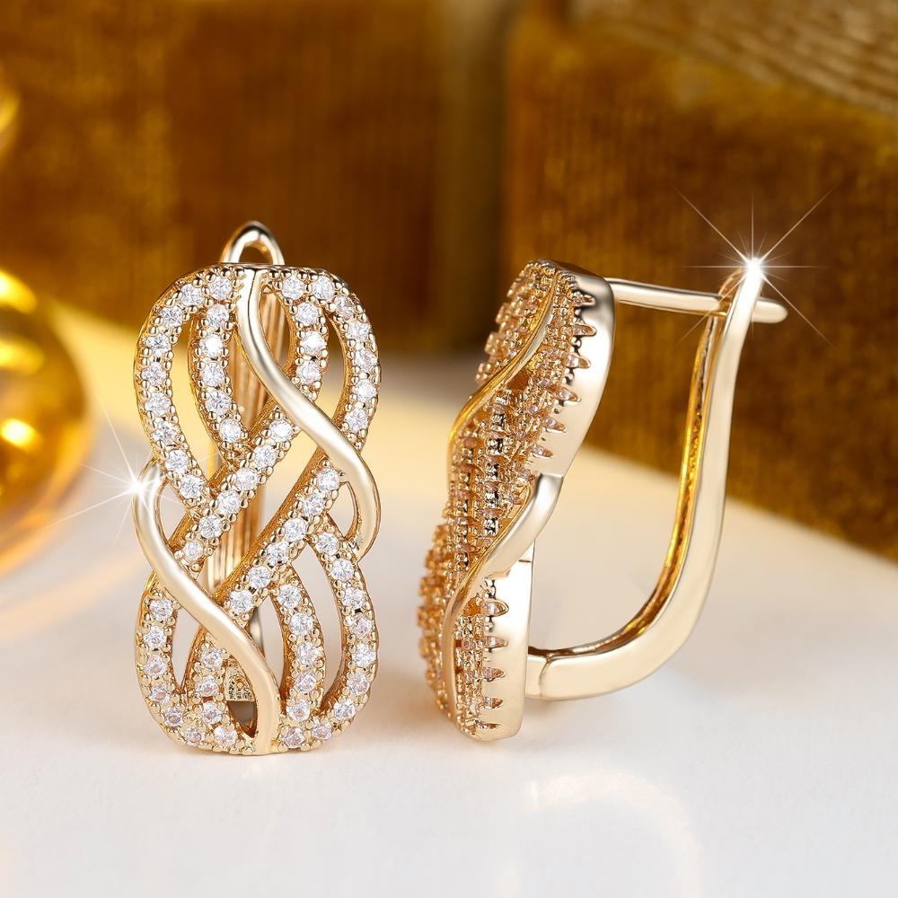 Temperament Cubic Zirconia Hollow Crossed Drop Earrings for Women Fashion Gold Color Engagement Earrings Daily Party Jewelry