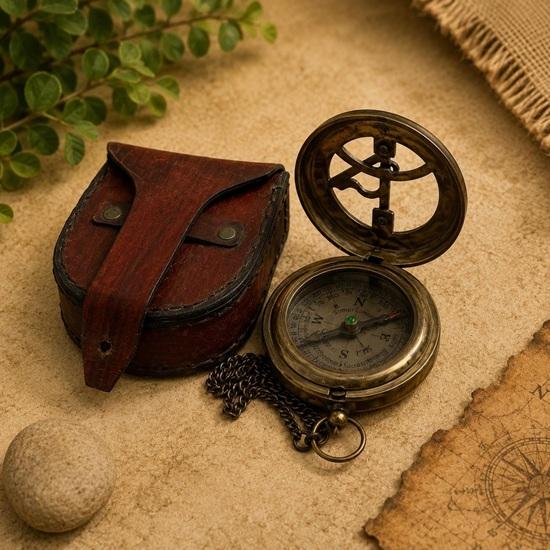 Sundial Compass with Leather Case, Brass Pocket Compass, Engraved Gift for Him, Unique Anniversary Explorer Gift