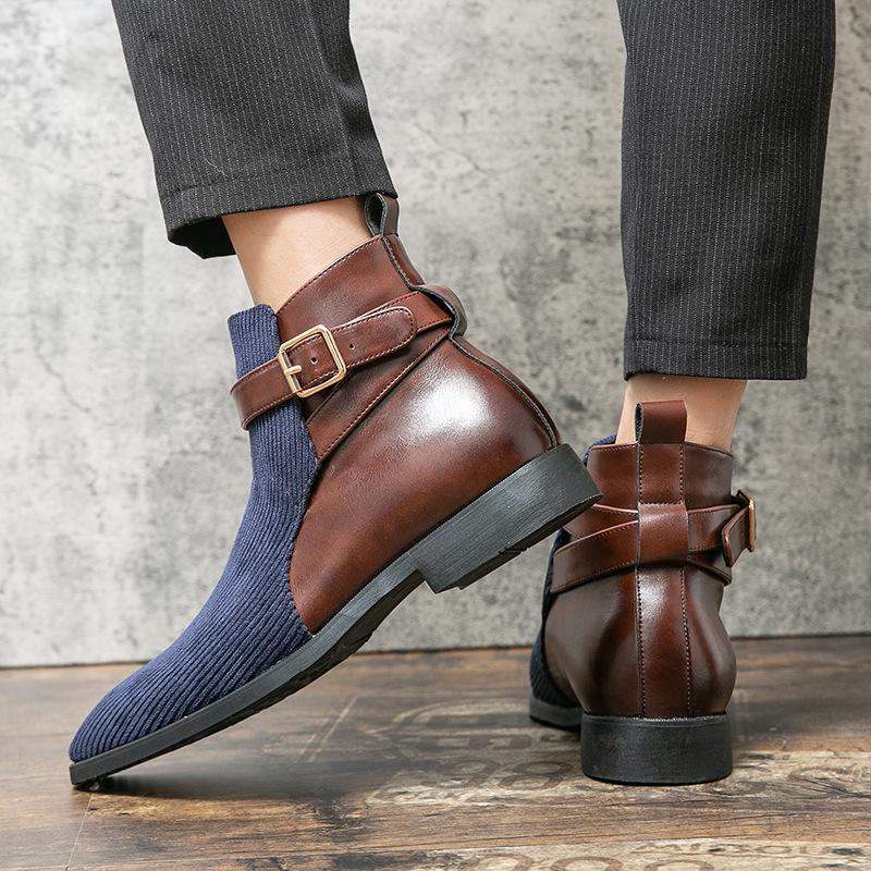 Autumn and Winter Martin Boots Men's High-top Tooling Boots Retro Thick-soled British Style Color Matching Locomotive Knight Short Boots Men