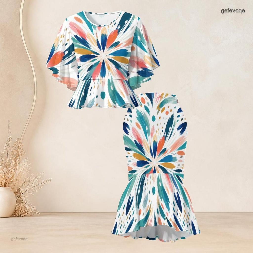 Women Plus Size Printed Round Neck Batwing Sleeve Ruffle Hem Top Fishtail Skirt Two Piece Set