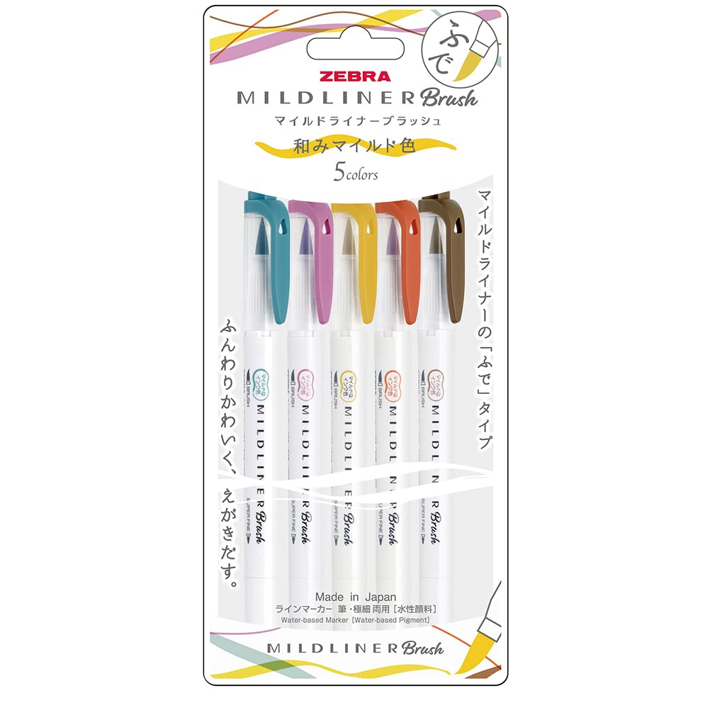 Zebra Mildliner Brush Highlighter Calming Mild RC5 Pen, Colors, Colors, WFT8-5C-RC-N