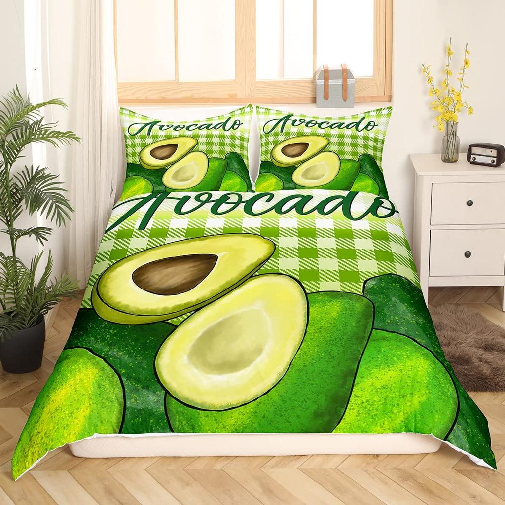 Fruit Soft Duvet Cover Set, Lovely Carton Avocado Decor 3 Piece Beding Set featuring 2 Pilow Shams, Quen King Ful Sized Dimensions, Paprika Gren