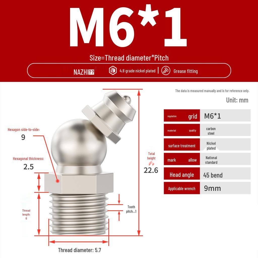 Nickel-Plated Iron Bent Grease Nipple Grease Gun Head M6-M14 G1/8