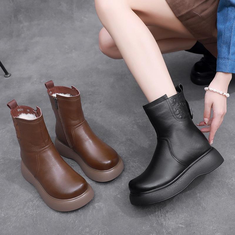 Fashion GKTINOO 2024 Women Snow Boots 100% Genuine Leather Natural Wool Fur Platform Mid Calf Boots For Women Winter Warm Shoes