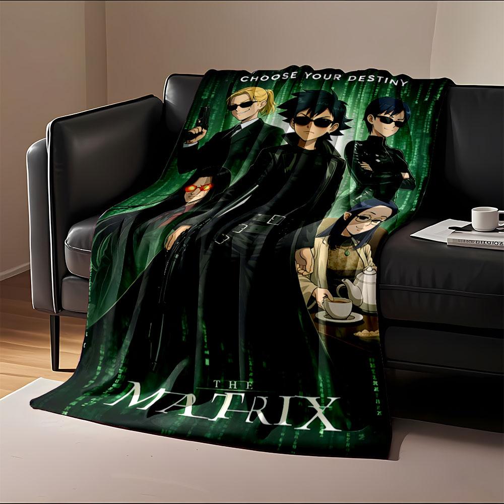 Stylized characters in dark attire with green digital symbols as backdrop. for all seasons blanket lunch break throw gift