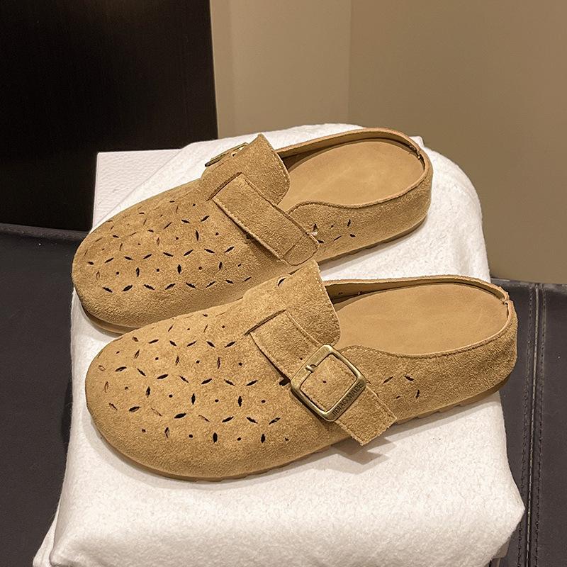 Baotou slippers women's 2025 summer new imitation cowhide hollow hole shoes trendy and comfortable flat slippers