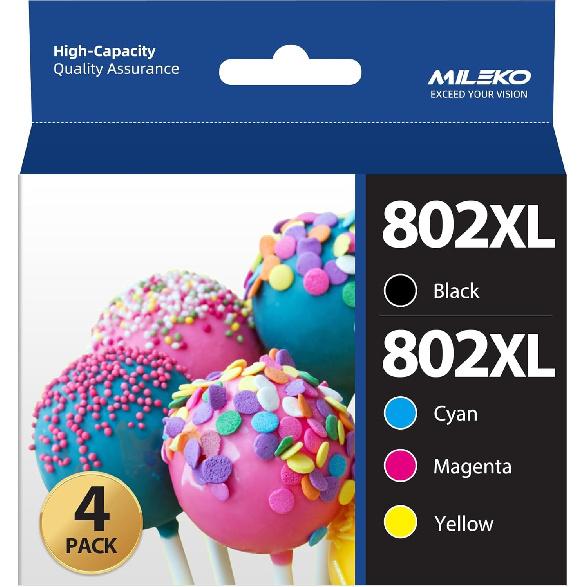 MILEKO 802XL Remanufactured Ink Cartridge Replacement for Epson 802 XL T802 T802XL Combo Pack (Black, Cyan, Magenta and Yellow, 4-Pack) for Epson