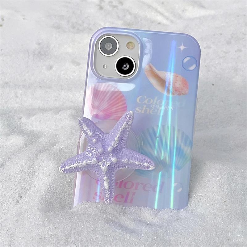 Korean Cute 3D Gradient Seashell Starfish Foldable Stretch Grip Tok Phone Holder Finger Ring Socket Support For iphone 15 14