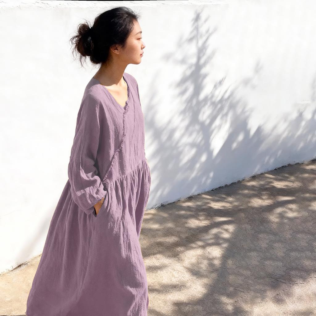 Johnature Women Vintage Dress Spring Chinese Style Solid Color V-Neck Long Sleeve Robes Patchwork Dresses