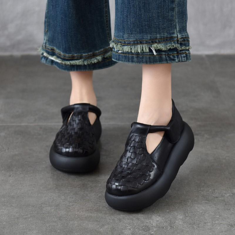 Johnature Hand Woven Genuine Leather Women's Shoes Comfortable Versatile Thick Soled Sandals