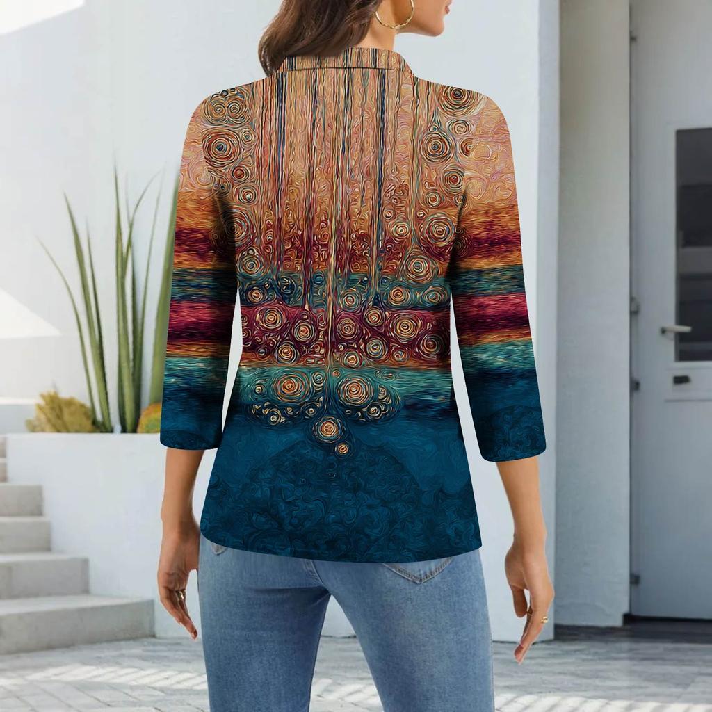 Women's Fashion Casual Lapel Short 3/4 Sleeve Print Shirt Women's Button Up Tops