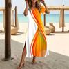 Women Fashion Round Neck Splashing Ink Gradient Grid Printed Short Sleeve Side Slit Dress Casual Vacation Dress Long Loose Dress