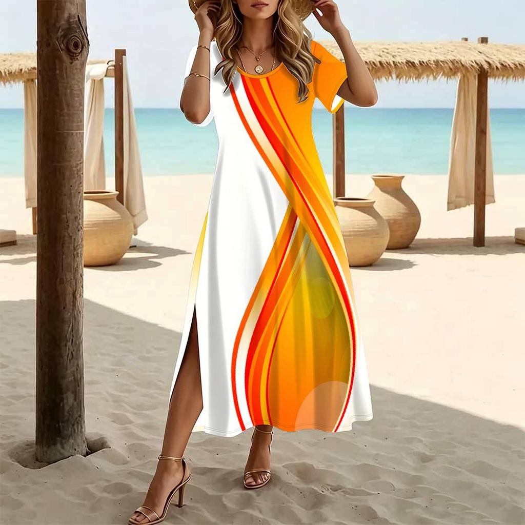 Women Fashion Round Neck Splashing Ink Gradient Grid Printed Short Sleeve Side Slit Dress Casual Vacation Dress Long Loose Dress