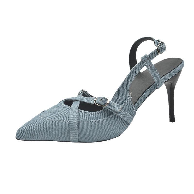 

Весна и лето 2025 года, новые джинсовые легкие босоножки с ремешком на шее и полой сумкой на шпильке, модная обувь 40