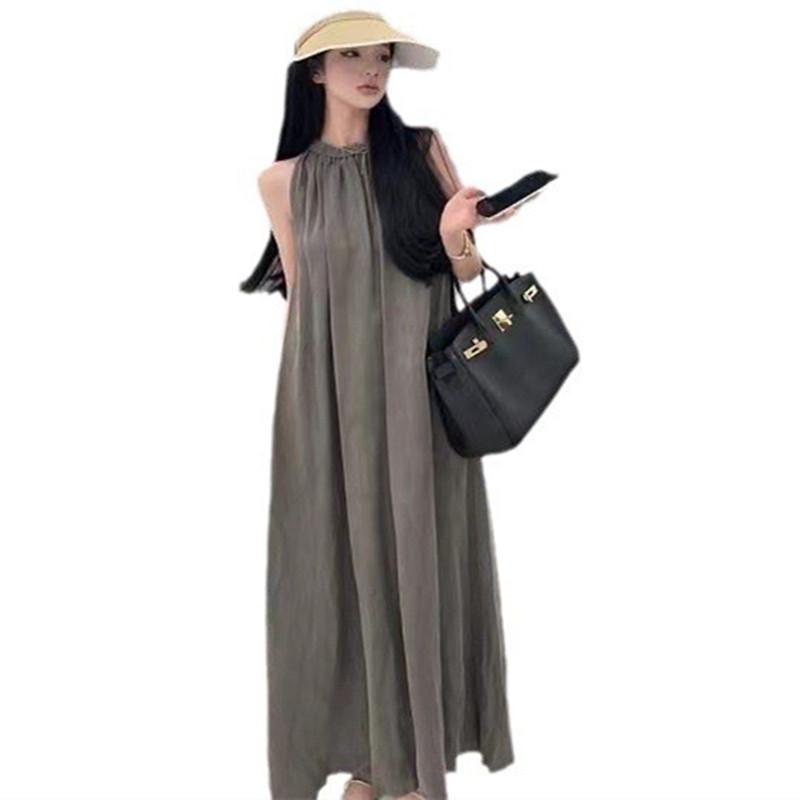 Matte Copper-Ammonia Silk Off-Shoulder Halter Neck Skirt (With Pockets) - Simple, Loose, and Silky Solid Color Long Skirt.