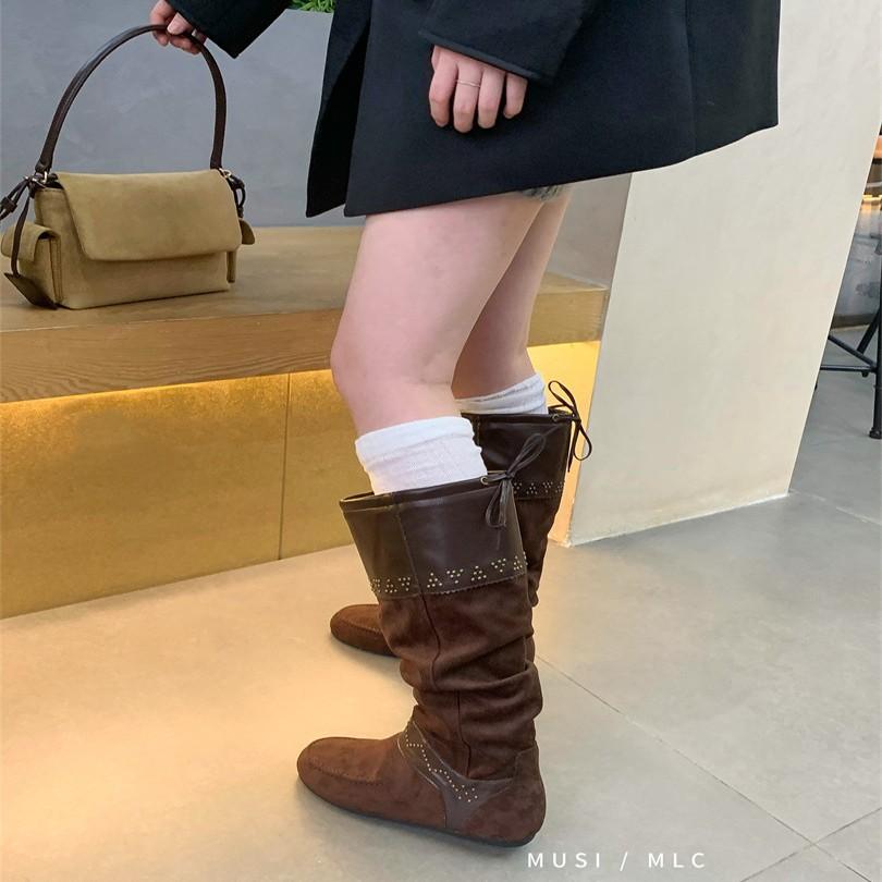 2025 New Boots Maillard Rivets Inner Height Increase Western Cowboy Boots Brown Boots Women