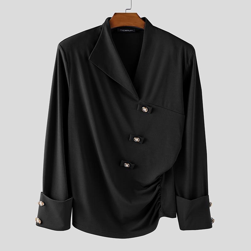 INCERUN Men Long Sleeve Front Cross Irregular Folding Ruffled Casual Tops Shirts