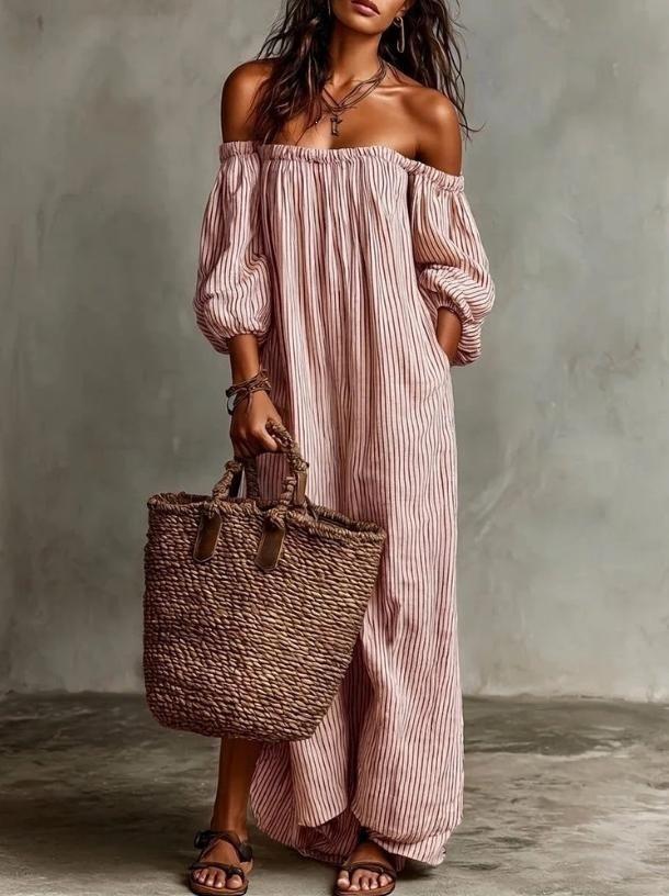 Vestido de verano europeo y americano nuevo, elegante, casual, suelto, con cuello de una palabra, a rayas