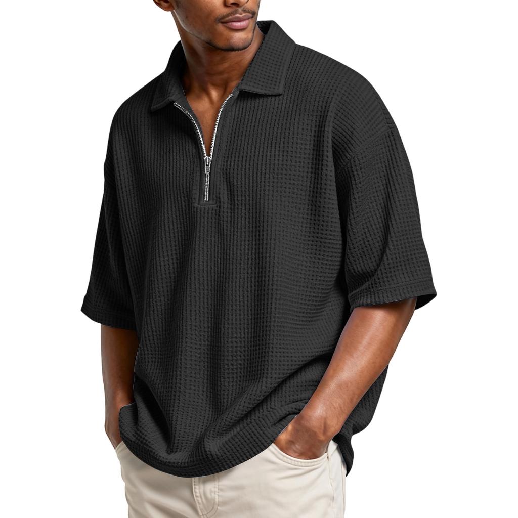 Herren Basic Reißverschluss Stehkragen Kurzarmhemd