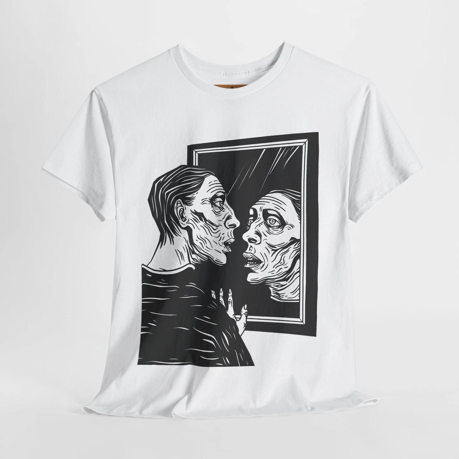 

Distorted Reflection T-Shirt – Eerie Grin and Unmatched Eyes Horror Art M