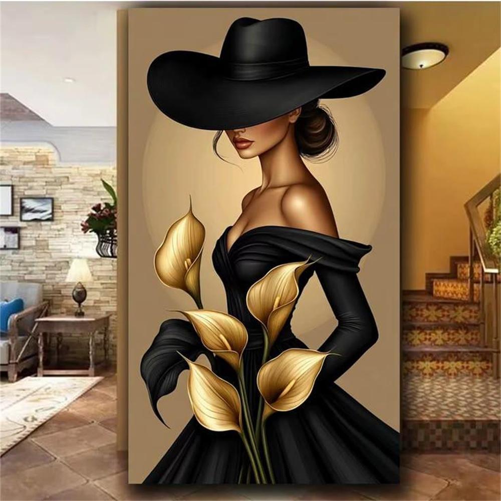 Woman Silhouette Print Floral Gold Decor Dark Academia Poster Elegant Black and Gold Woman Portrait with Flowers and Butterflies 20X40M No Framed