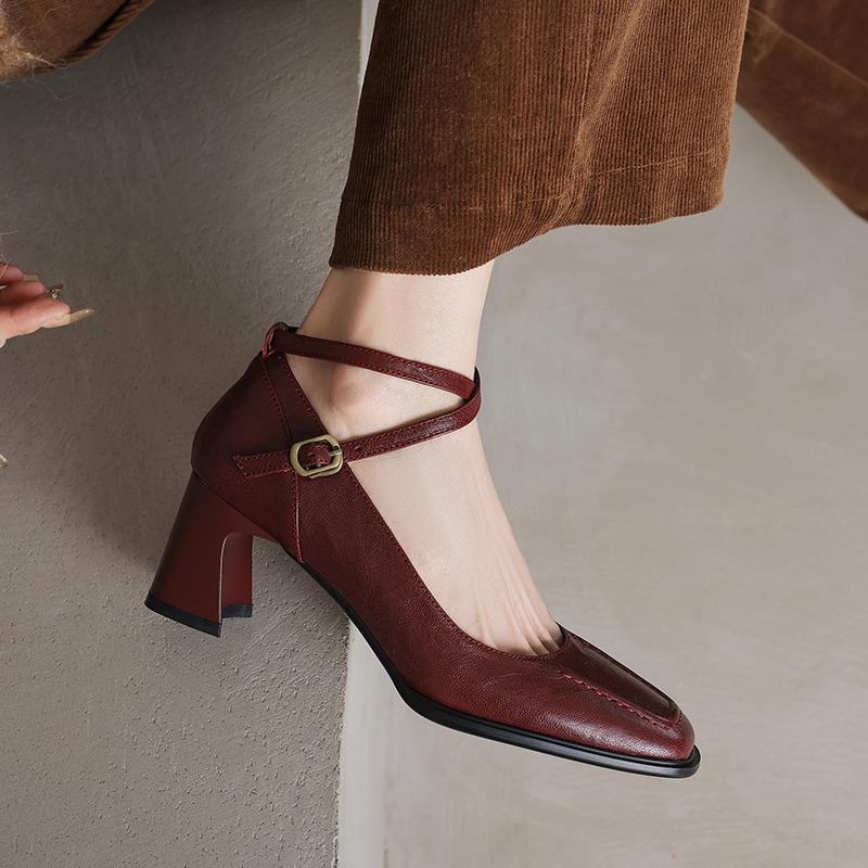 Fashion 2025 New Spring Genuine Leather Shoes LEISURE Style Square Toe High Heels Pumps Buckle Strap Women Shoes Fashion Ladies Shoes