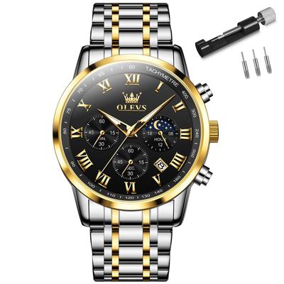 Popular In Silver and Analog Business Stylish Stainless Simple Design with Date Large Black Roman Moon Jam Tangan Pria Men's Wristwatch, Gold,