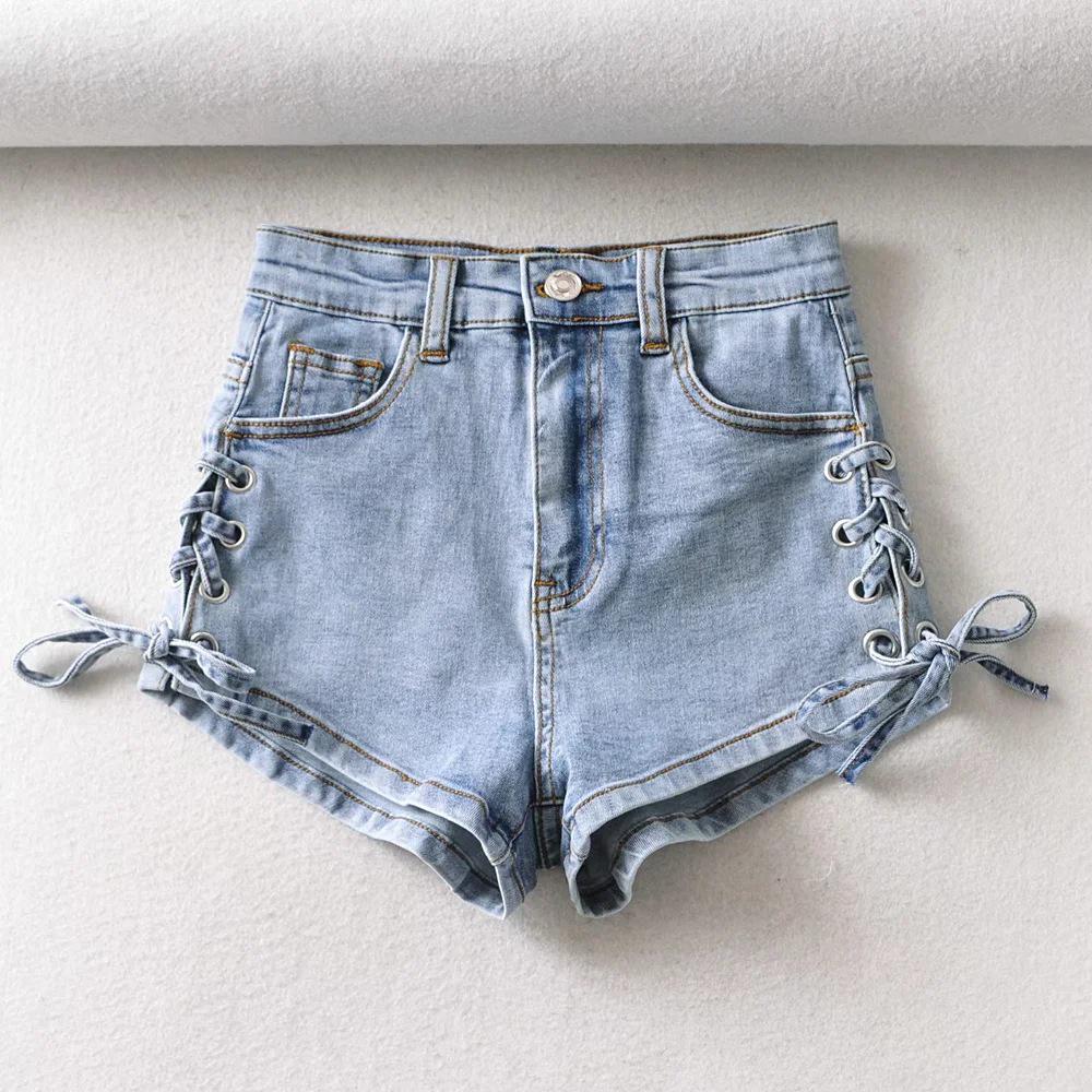 

European-American Spicy Girl Summer Hollow-Out Tie-Up Denim Shorts - Slim Fit, Hip-Hugging Hot Pants for Women L синий