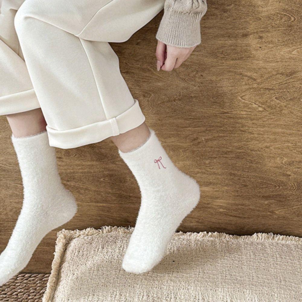 5Pairs Soft Women's Thickened Socks Cute Middle Tube Socks Simple Warm Home Socks  Autumn Winter