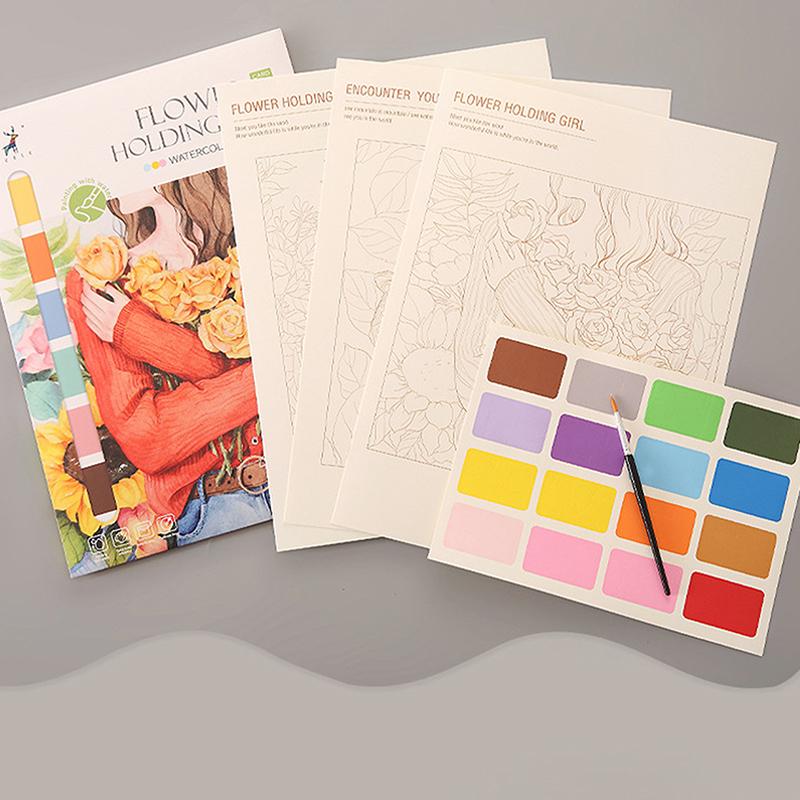 Přenosný akvarelový malířský blok 4 listy omalovánka se štětcem k malování kvašový blok dětské graffiti kreslení obrázků psací potřeby